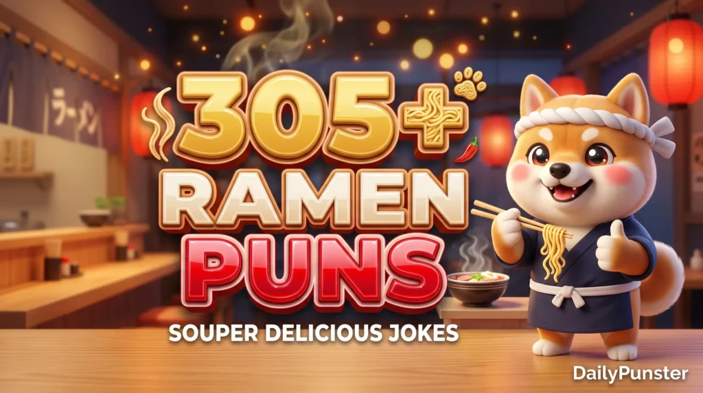 305+ ramen puns in bold 3D noodle-gold and crimson typography beside a cheerful cartoon Shiba Inu chef mascot holding chopsticks.