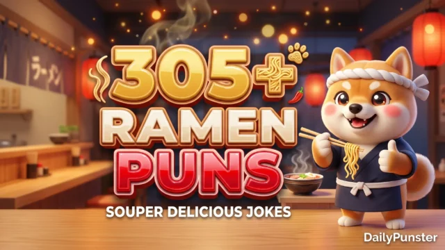 305+ ramen puns in bold 3D noodle-gold and crimson typography beside a cheerful cartoon Shiba Inu chef mascot holding chopsticks.