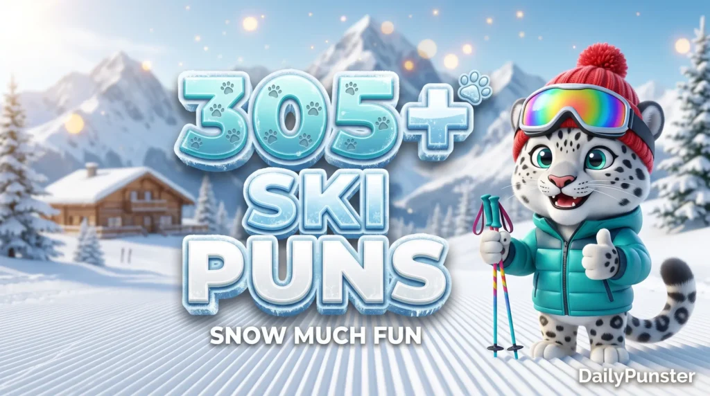 305+ ski puns in bold 3D glacier blue and snow-white typography beside a cheerful cartoon snow leopard mascot in a ski jacket.