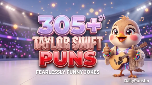 305+ Taylor Swift puns in bold 3D holographic lavender and rose-gold typography beside a cheerful cartoon songbird mascot holding an acoustic guitar.